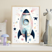 Whimsical Watercolor Rocket Ship con estrellas Pas