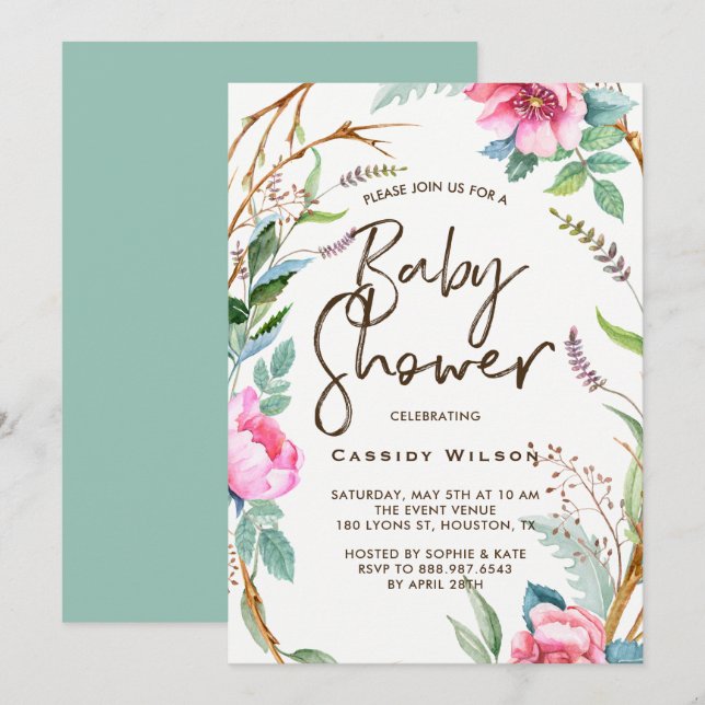 Whimsical Watercolor Wreath Invitación de Baby Sho (Anverso / Reverso)