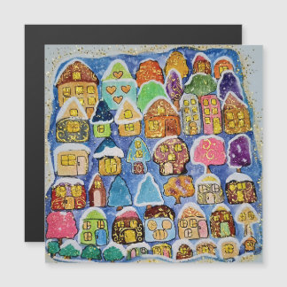 Whimsical Winter Village Christmas Magnetic Card
