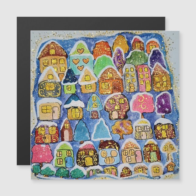 Whimsical Winter Village Christmas Magnetic Card (Anverso/Reverso)