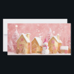 Whimsical Winter Wonderland 3 Tarjeta de Navidades<br><div class="desc">El diseño de esta tarjeta de Navidades presenta una escena invernal caprichosa con un suave fondo rosado. Tres encantadoras casas amarillas se esconden juntas, cada una adornada con ventanas nevadas y rosas, que evocan un ambiente acogedor y festivo. En primer plano, se destaca un animado muñeco de nieve con gorra...</div>