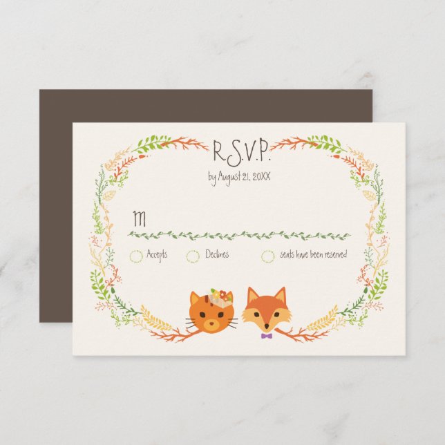 Whimsical Woodland Cat & Fox Couple Wedding RSVP (Anverso / Reverso)