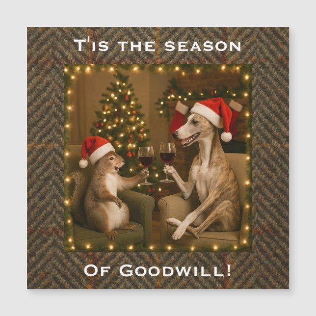 Whippet and Squirrel Christmas magnetic card (Anverso)