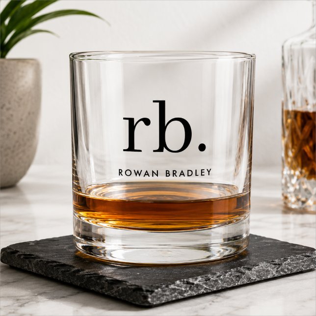 Whiskey Vaso de Whisky | Regalo de Vaso de Rocas con Monog (Personalized monogram whiskey glass with initials and name for a clean custom bar cart gift)