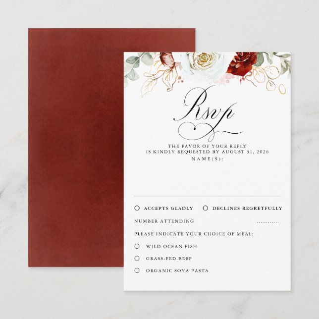 White and Burgundy Red Flowers Wedding RSVP (Anverso / Reverso)