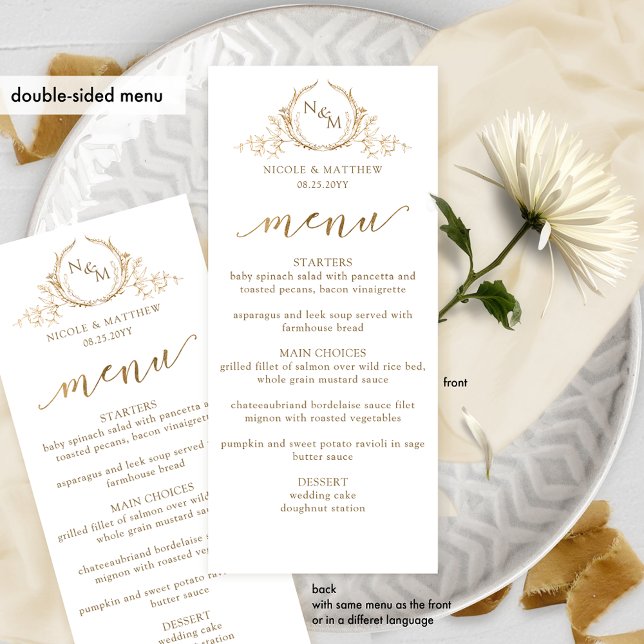 White and Gold Monogram Wedding Double-sided Menu (Subido por el creador)