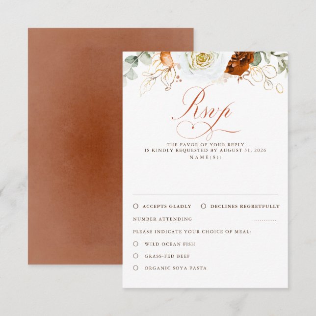 White and Terracotta Flowers Wedding RSVP (Anverso / Reverso)