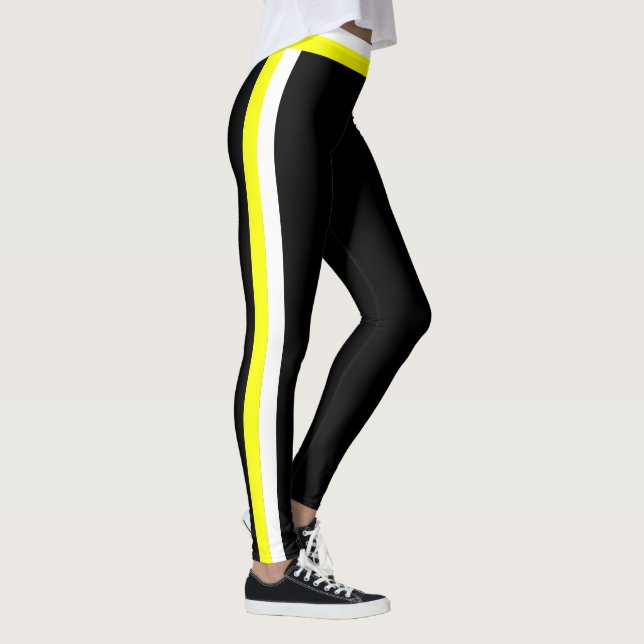 White and Yellow Side Stripe Black Sports Leggings (Derecha)
