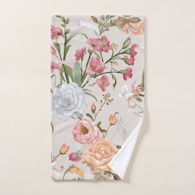 White Cats Pink Roses Floral  (Toalla de mano)