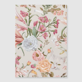 White Cats Pink Roses Floral Flat Thank You Card