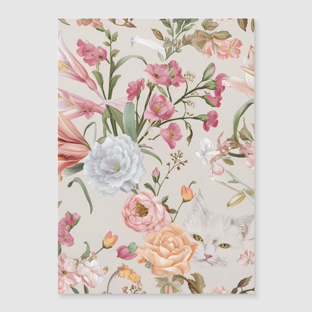 White Cats Pink Roses Floral Flat Thank You Card (Anverso)