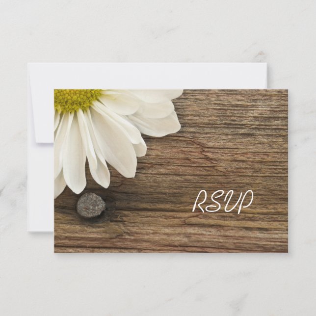 White Daisy y Barn Wood Wedding RSVP (Anverso)