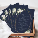 White Flowers, Cream Flowers, Bridal Shower Menu<br><div class="desc">Add a personal touch to your bridal shower celebration with these stylish and memorable party items! Design features white watercolor flowers,  greenery and gold frame on navy blue background.</div>