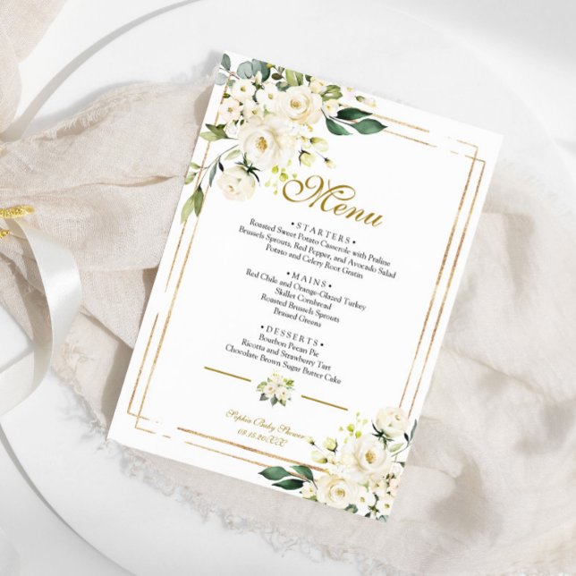 White Flowers & Gold Frame Baby Shower Menu (Subido por el creador)