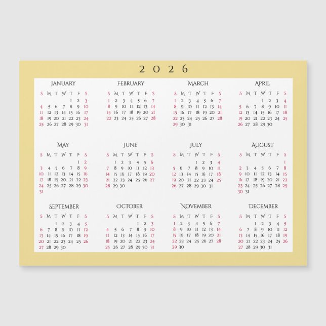 White Gold 2026 Yearly Full Year Calendar Magnet (Anverso)