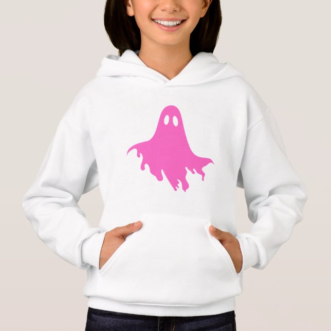 White Hoodie with Pink Ghost – Cute & Cozy Graphic (Anverso)