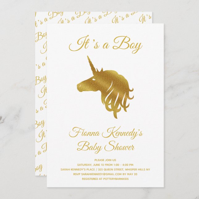 White It's a Boy Unicorn Invitación de Baby Shower (Anverso / Reverso)