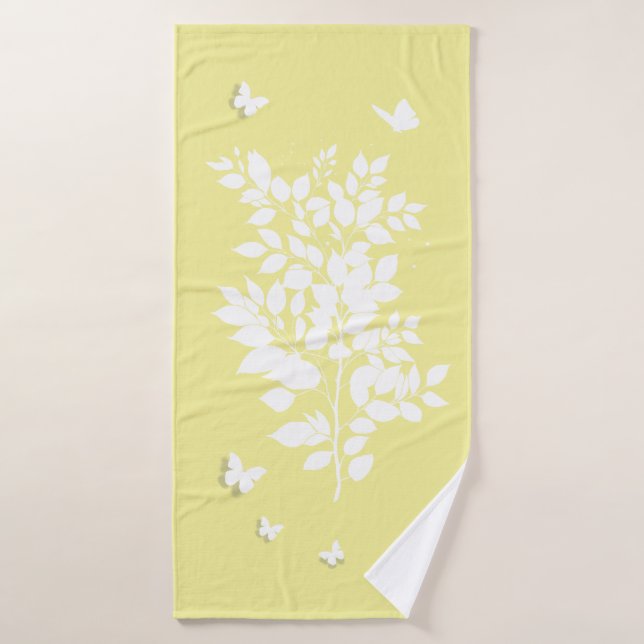 White leafy branch and butterflies in profile (Toalla de baño)