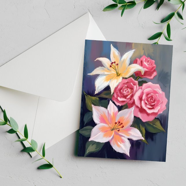 White Lillies Pink Rose Bouquet Watercolor Card (Subido por el creador)