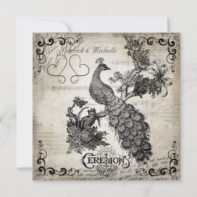 White Musical Notes Peacock Wedding Invitación (Anverso)