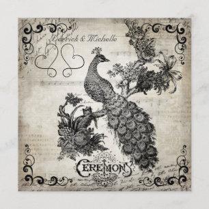 White Musical Notes Peacock Wedding Invitación