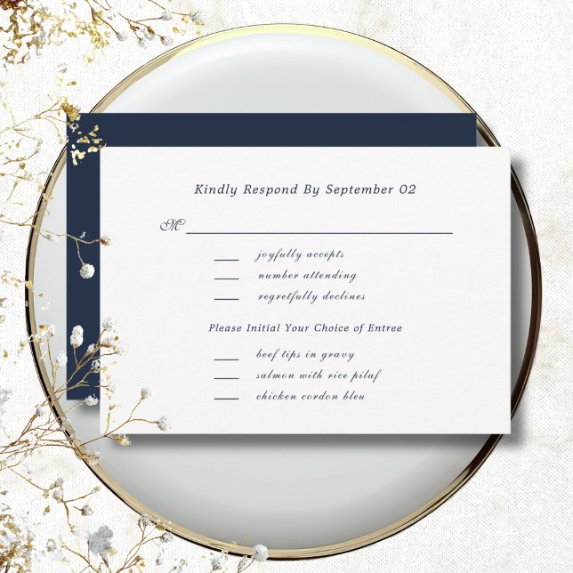 White Navy Script Menu Selection Wedding RSVP  (Subido por el creador)
