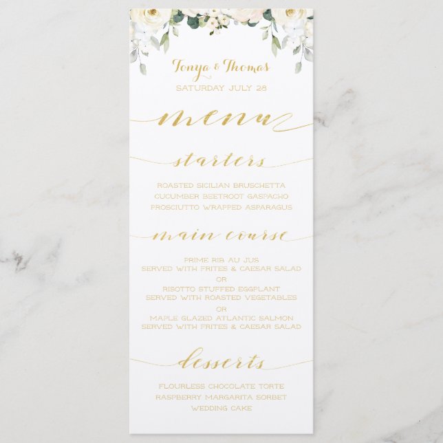 White Peony Epiphany Boda Gold Calligraphy Menu (Anverso)