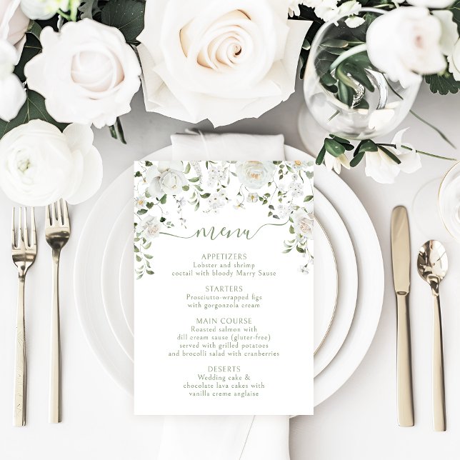 White Rose Peony Flower & Greenery Wedding Menu (Subido por el creador)