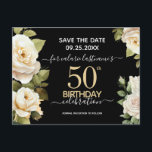 White Roses 50 cumpleaños Guardar la postal de fec<br><div class="desc">Color de las rosas blancas color agua fiesta de cumpleaños número 50. Elegante diseño floral para cualquier celebración de cumpleaños. Fácil de personalizar con plantilla. Magnífico guardar el diseño de la plantilla de cumpleaños de fecha.</div>