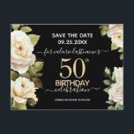 White Roses 50 cumpleaños Guardar la postal de fec<br><div class="desc">Color de las rosas blancas color agua fiesta de cumpleaños número 50. Elegante diseño floral para cualquier celebración de cumpleaños. Fácil de personalizar con plantilla. Magnífico guardar el diseño de la plantilla de cumpleaños de fecha.</div>