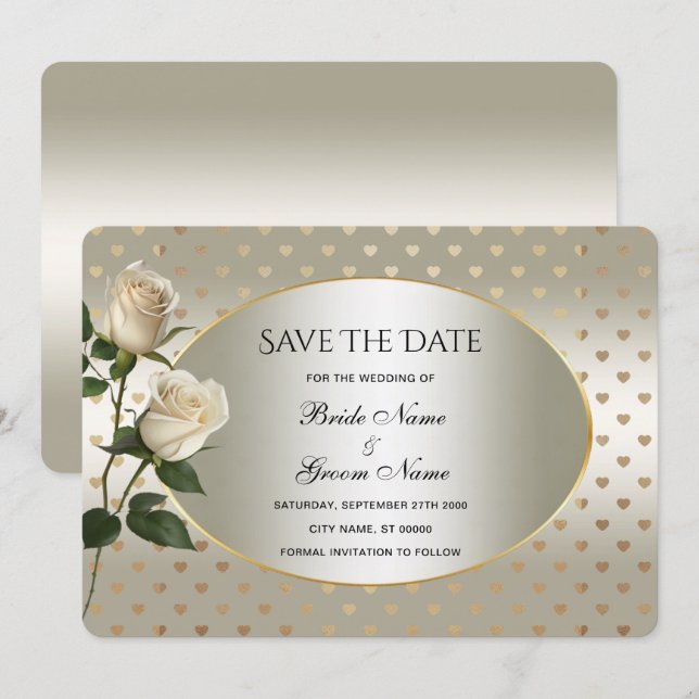 White Roses Gold Hearts Ahorra La Tarjeta De Fecha (Anverso / Reverso)