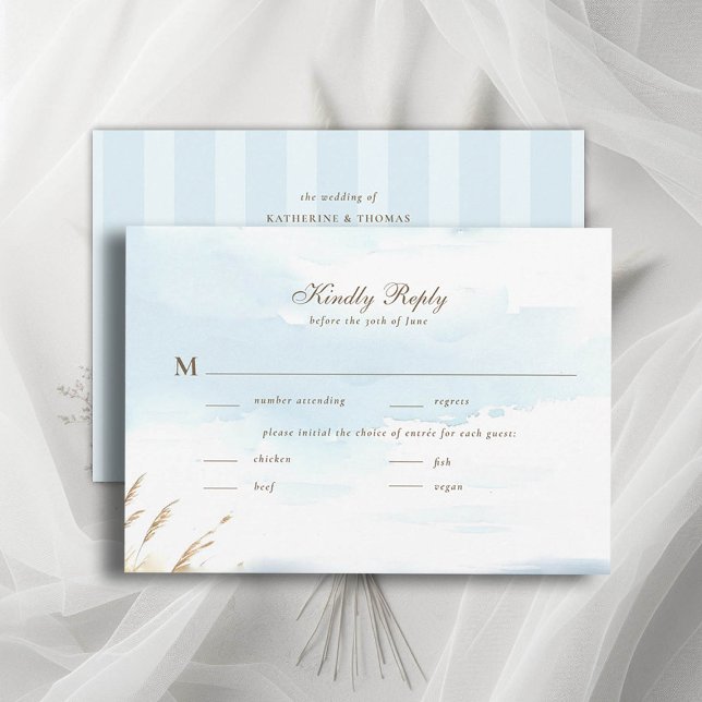 Wild Beach Fence Ocean Stripes Boda Meal RSVP (wild beach wedding rsvp card dreamy watercolor ocean fence grass nature formal modern classic)