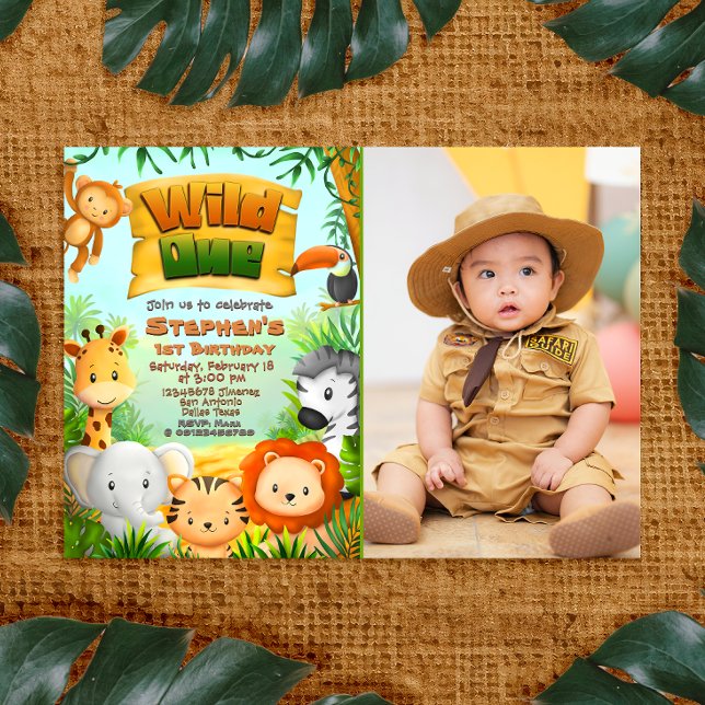 Wild One - Animales Safari con invitación fotográf (Wild One - Safari Animals with Photo Picture Landscape Invitation)
