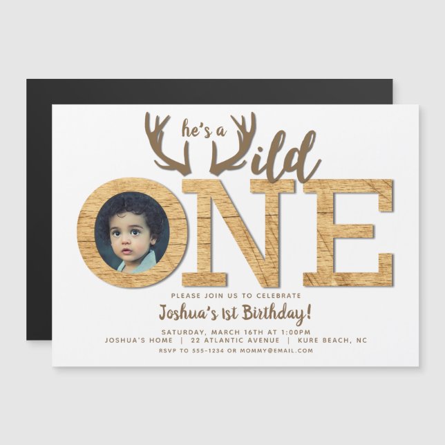 Wild One First Birthday Photo Magnetic Invitación (Anverso/Reverso)