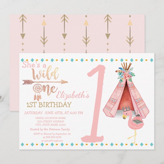 Wild One, Flechas, Invitación de cumpleaños boho d (Anverso / Reverso)