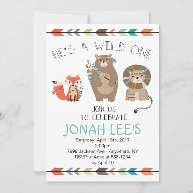 Wild One - Invitación de primer cumpleaños tribal (Anverso)