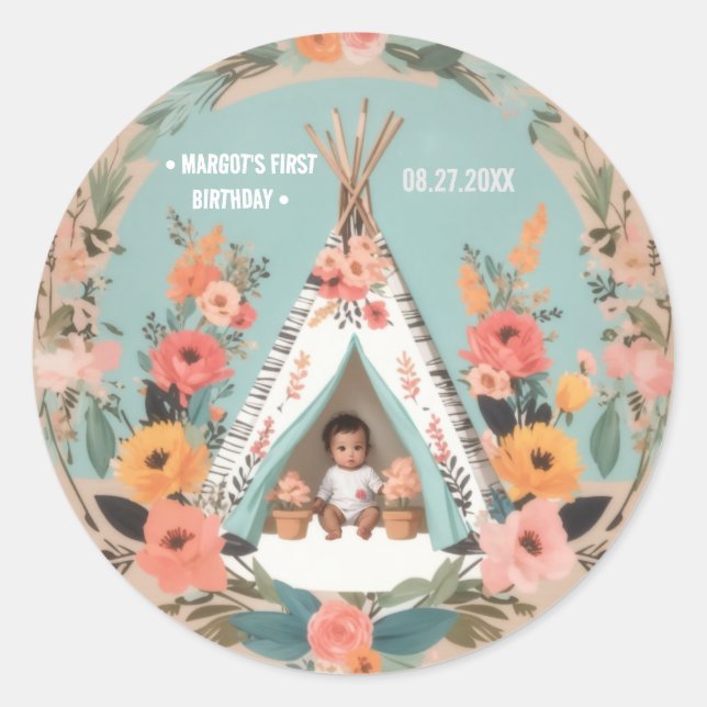 Wild One | Pegatinas Floral Teepee First Birday (Anverso)