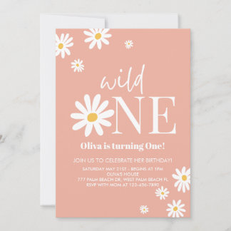 Wild One Pink Daisy 1ª Invitación de cumpleaños