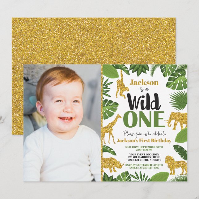 Wild One Safari 1º cumpleaños Invitación niño Gold (Anverso / Reverso)