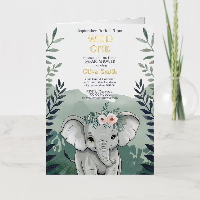 Wild One Safari Elephant Invitación a Baby Shower (Anverso)