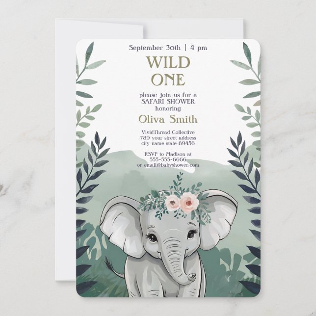 Wild One Safari Elephant Invitación a Baby Shower (Anverso)