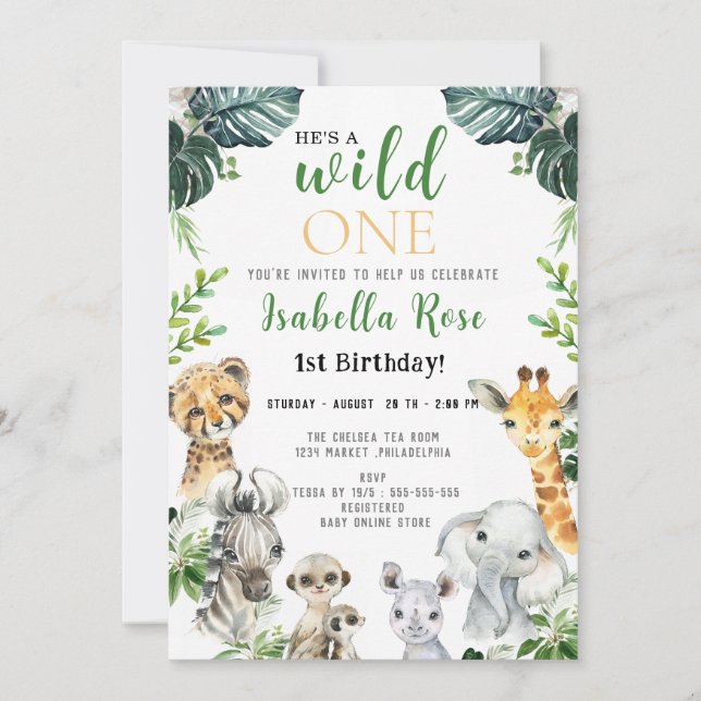 Wild One Safari Green hojas Invitación al cumpleañ (Anverso)