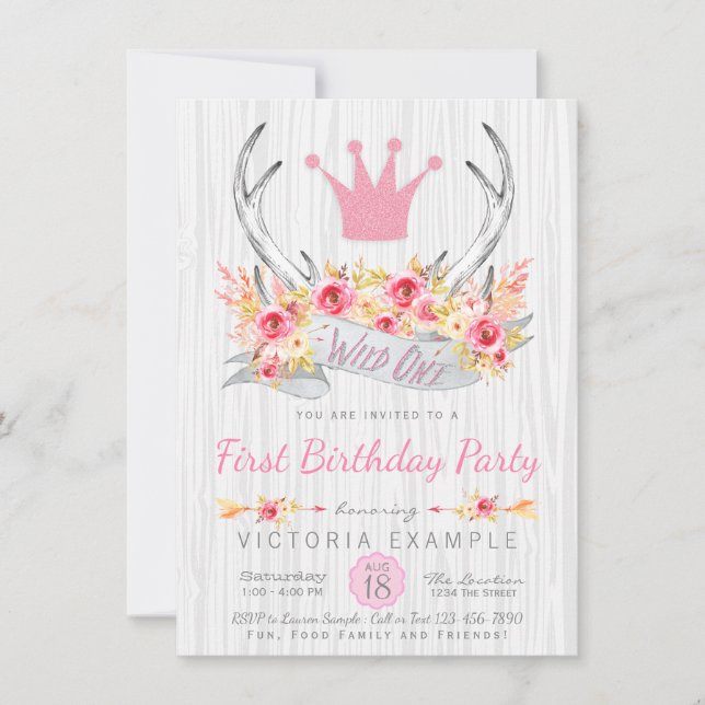 Wild One Tribal Boho Princess Antler Invitación (Anverso)