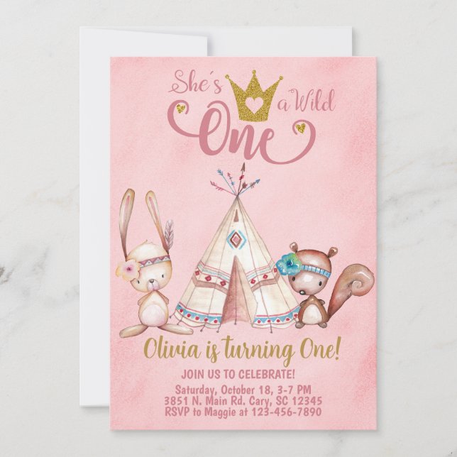Wild One woodland teepee 1er cumpleaños invitación (Anverso)