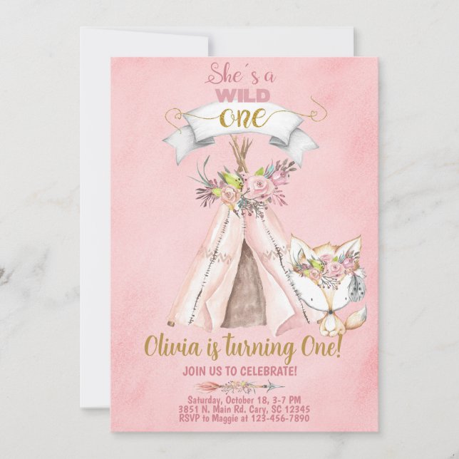 Wild One woodland teepee 1er cumpleaños invitación (Anverso)
