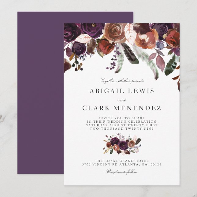 Wild Royal Bloom | Invitación a la boda púrpura te (Anverso / Reverso)