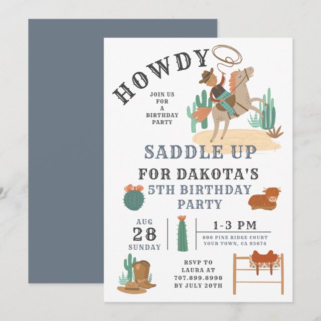 Wild West Cowboy Boy Invitación a los 5 años (Anverso / Reverso)