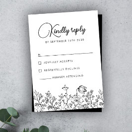 Wildflower Floral Elegant Black White Wedding RSVP