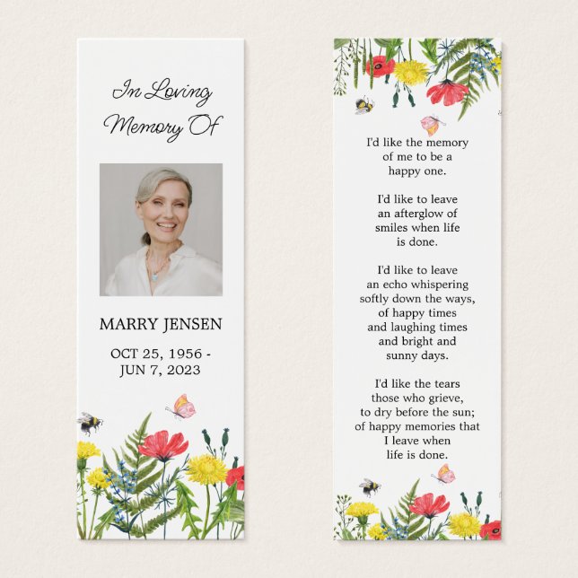 Wildflower Floral Photo Funeral Memorial Bookmark (Anverso y reverso)