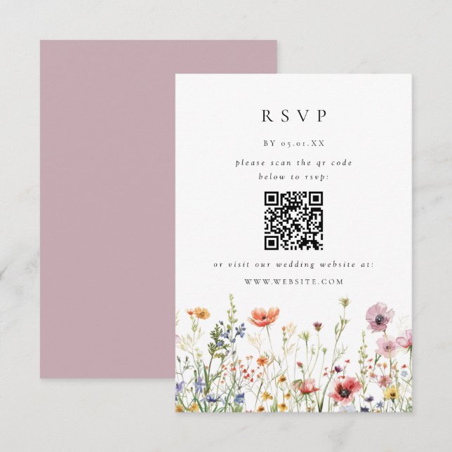 Wildflower Wedding QR Code RSVP Card (Anverso / Reverso)
